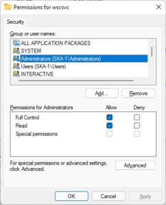 wscsvc Key Permissions